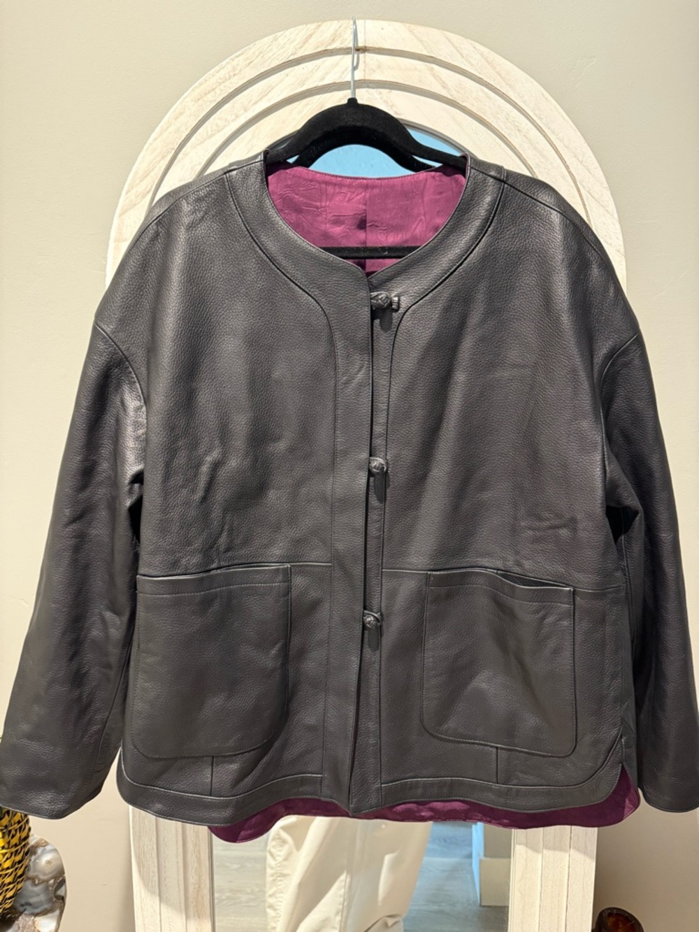 Chinese Style Black Leather Jacket Double Sided XL